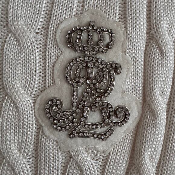 Lauren Ralph Lauren Crest Cable Knit Sweater Rhinestone Crest Logo Size Small - Picture 3 of 8